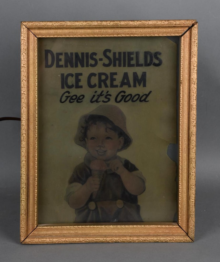 Dennis-Shields Ice Cream "Gee it's Good" Lighted Sign: rated 6.75, 14"x11"x8", the front panel has damage along the right-hand side, has wood frame with a metal light box, works.