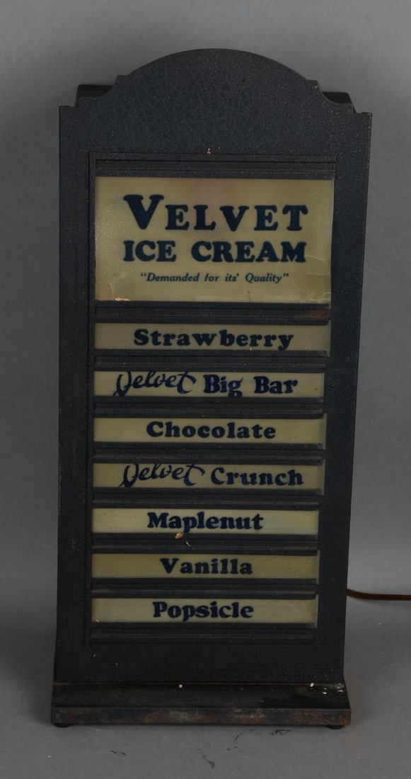 Velvet Ice Cream Metal Lighted Display: rated 8, 21"x9"x6", the metal sign has plastic inserts top one has damage others are in good condition, lights up nicely.