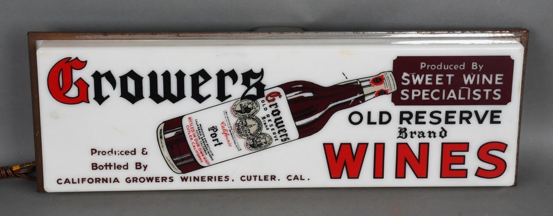 Growers Old Reserve Brand Wines w/Logo Plastic Lighted Sign (1 of 3)