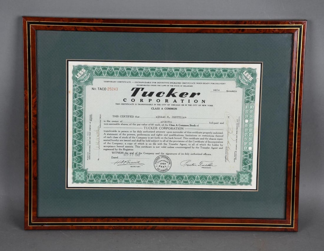 Tucker Corporation Framed Stock Certificate 40 Shares (1 of 3)