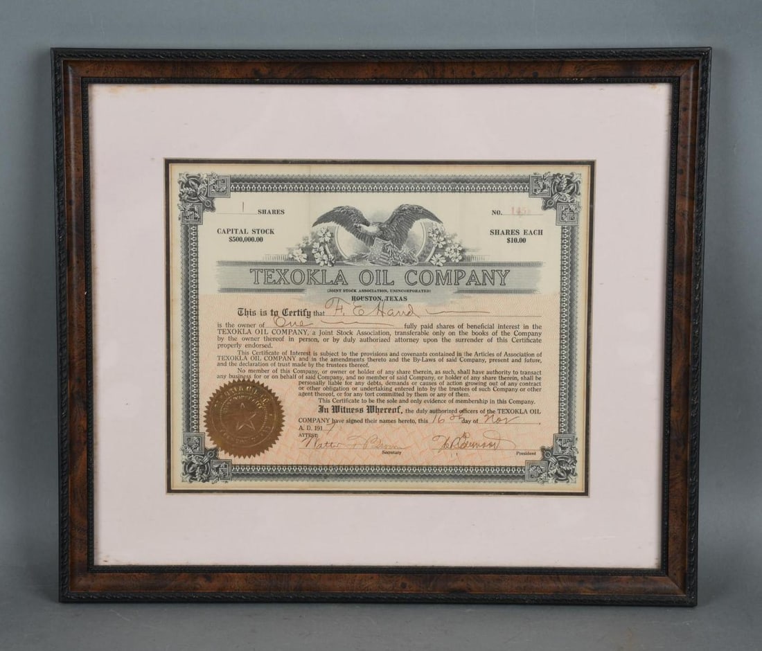 Texokla Oil Company Framed Stock Certificate 1 Share (1 of 3)