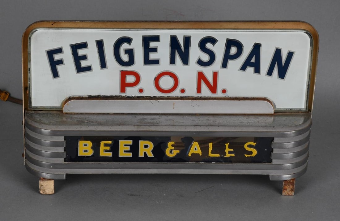 Feigenspan P.O.N. Beer & Ales Lighted Sign: rated 7, 8"x12"x4", the top glass panel is in good condition, bottom has paint flaking, does not light up.