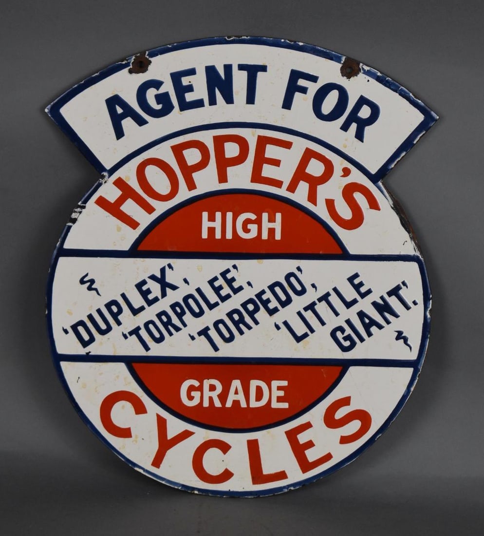 Reproduction Hopper's Cycle Porcelain Sign: 18"x15", the SSP sign is a reproduction