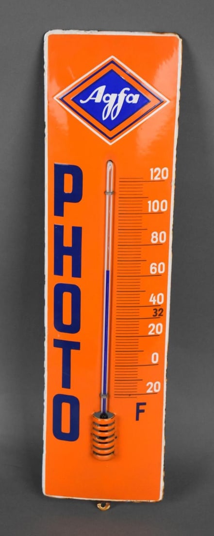 Agfa Photo Porcelain Thermometer: rated 9, 20"x.5.25", the porcelain pillow thermometer has excellent color and gloss, tube is good, has light wear around the perimeter, marked Made in Germany, dated 1958?.