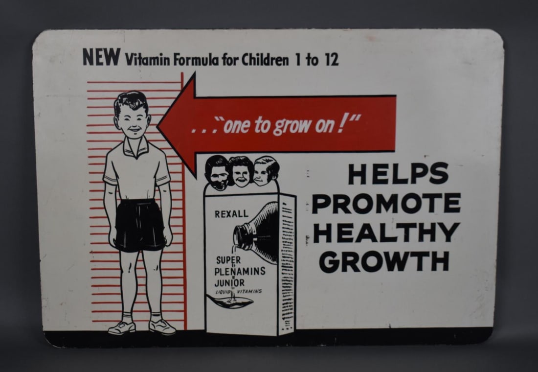 Rexall "Helps Promote Healthy Growth" Masonite Sign: rated 8.5, 24"x35", the Masonite sign has very good color and shine, has wear.