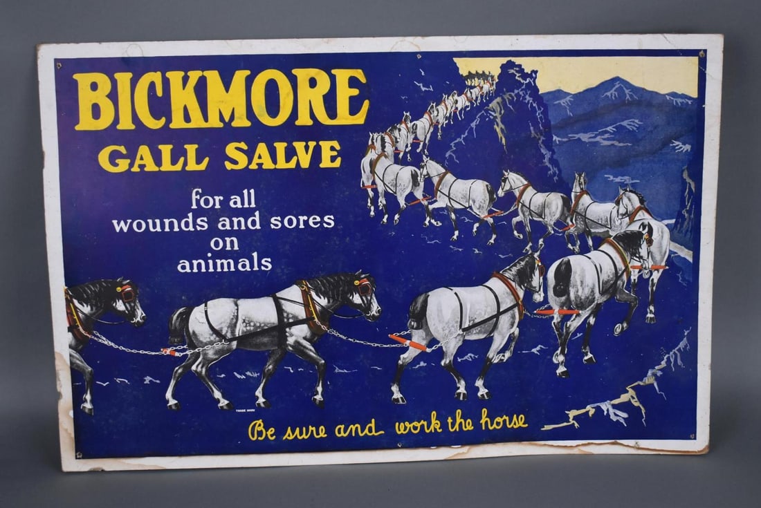 Bickmore Gall Salve Cardboard Easel Back Poster: rated 7, 22"x34', the cardboard poster has good color, has water damage, is missing one easel back.