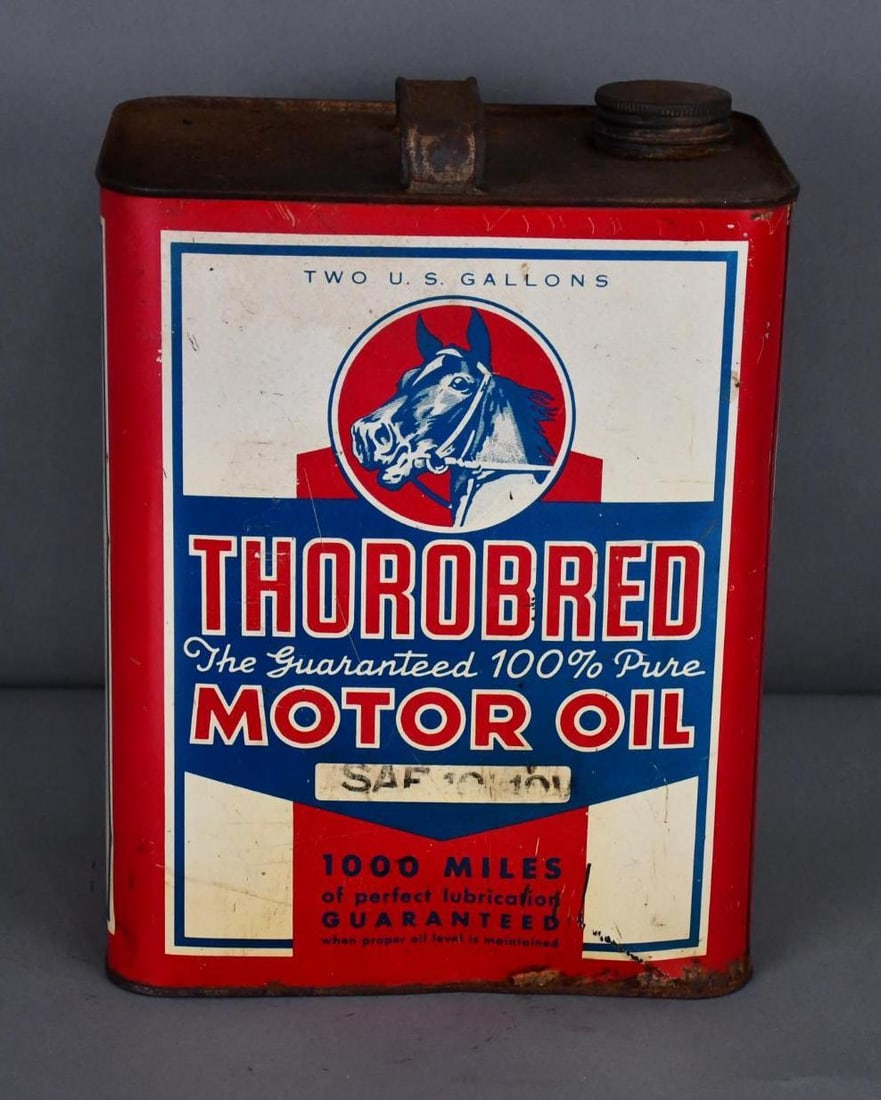 Thorobred Motor Oil w/Logo Two-Gallon Metal Can: rated 7 & 5, the two-gallon rectangle metal can has wear, fine scratches and dings, reverse has more damage, is empty.