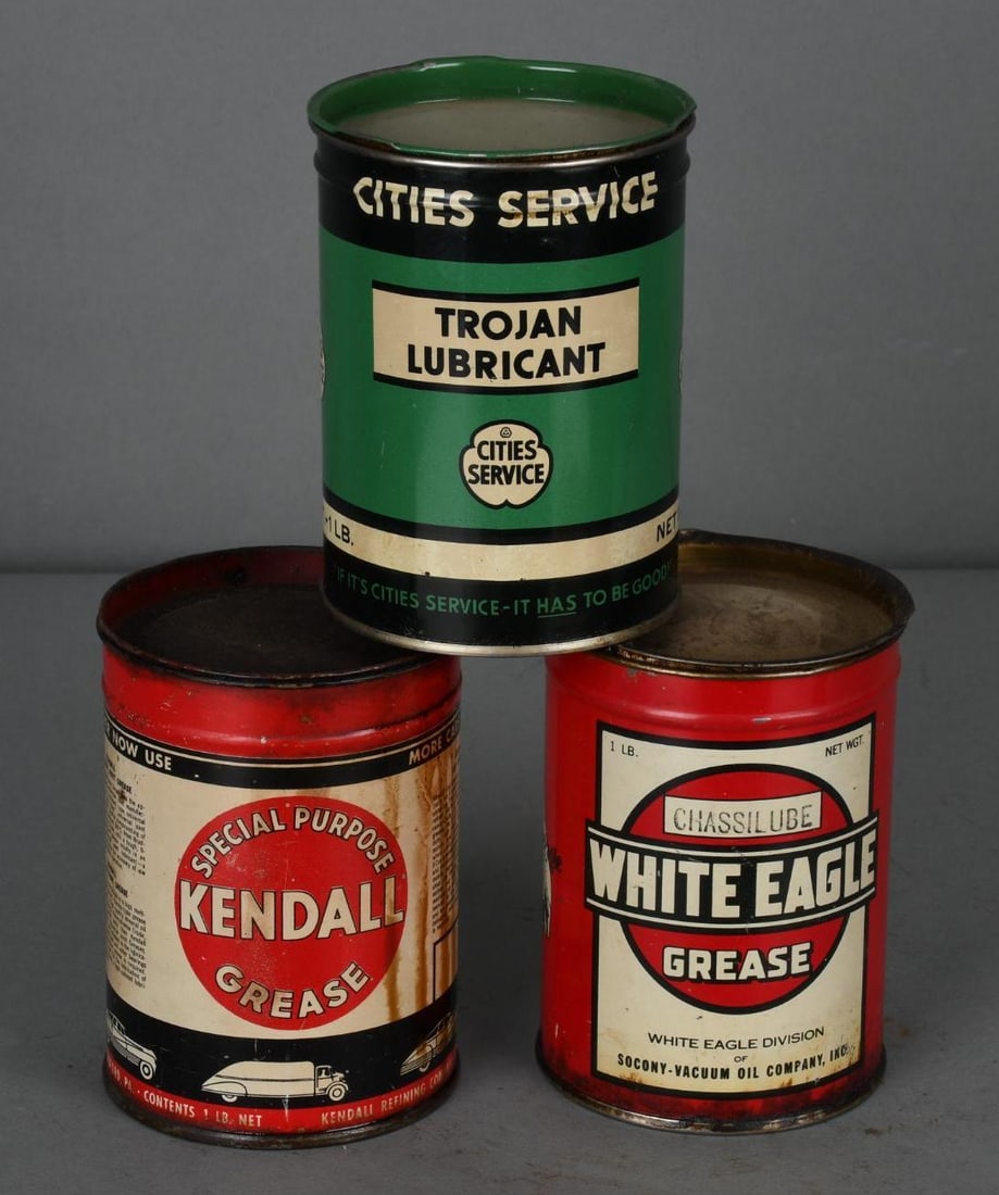 3-One Pound Round Metal Grease Cans White Eagle, Kendal & Cities Service (1 of 3)