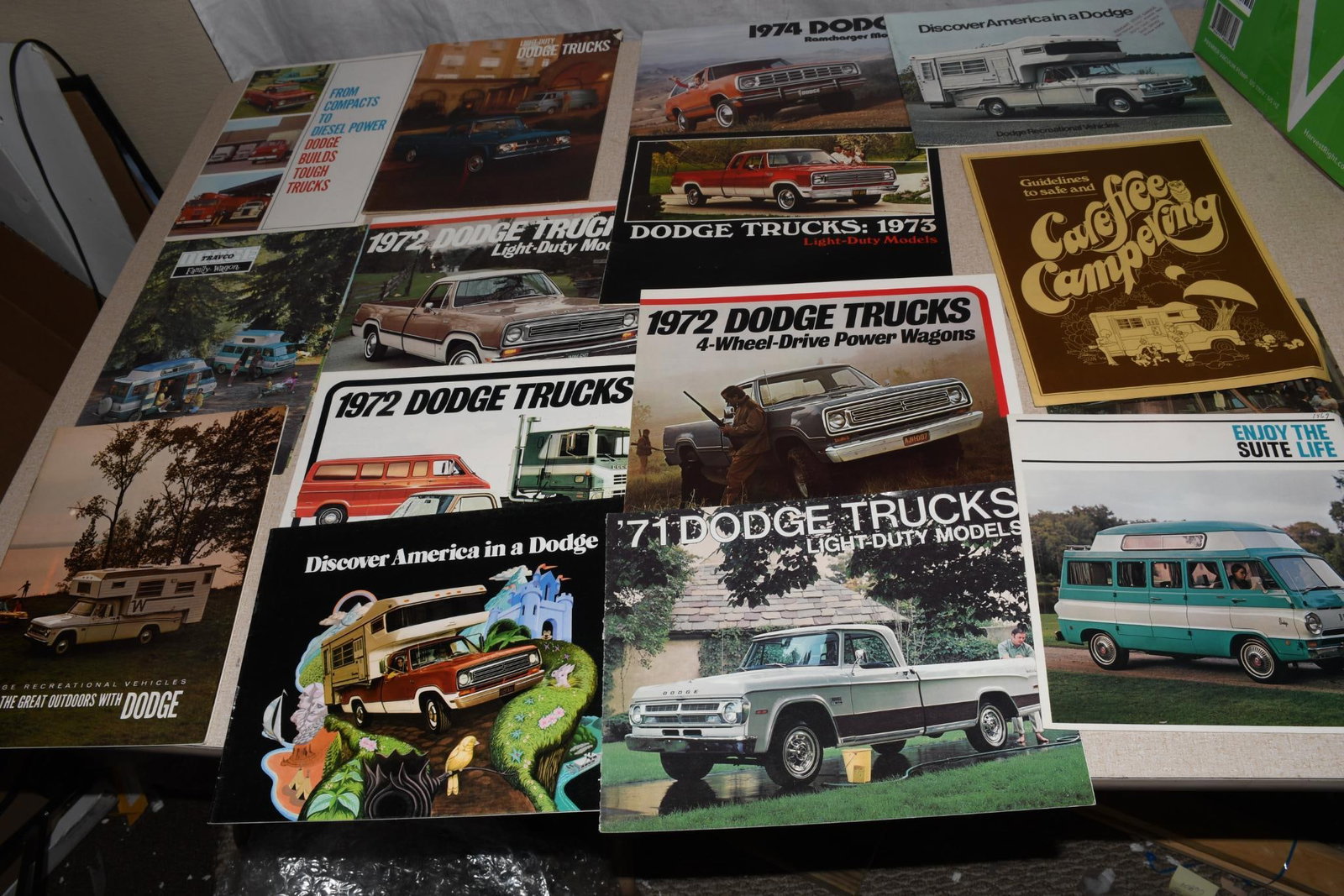 Lot of 16 Dodge Brochures - 1 (1967) 2 (1968) 4 (1969) 1 (1970) 1 (1971) 5 (1972) 1 (1973) 1 (1974): 11"x8.5" or less in size, all have light wear.