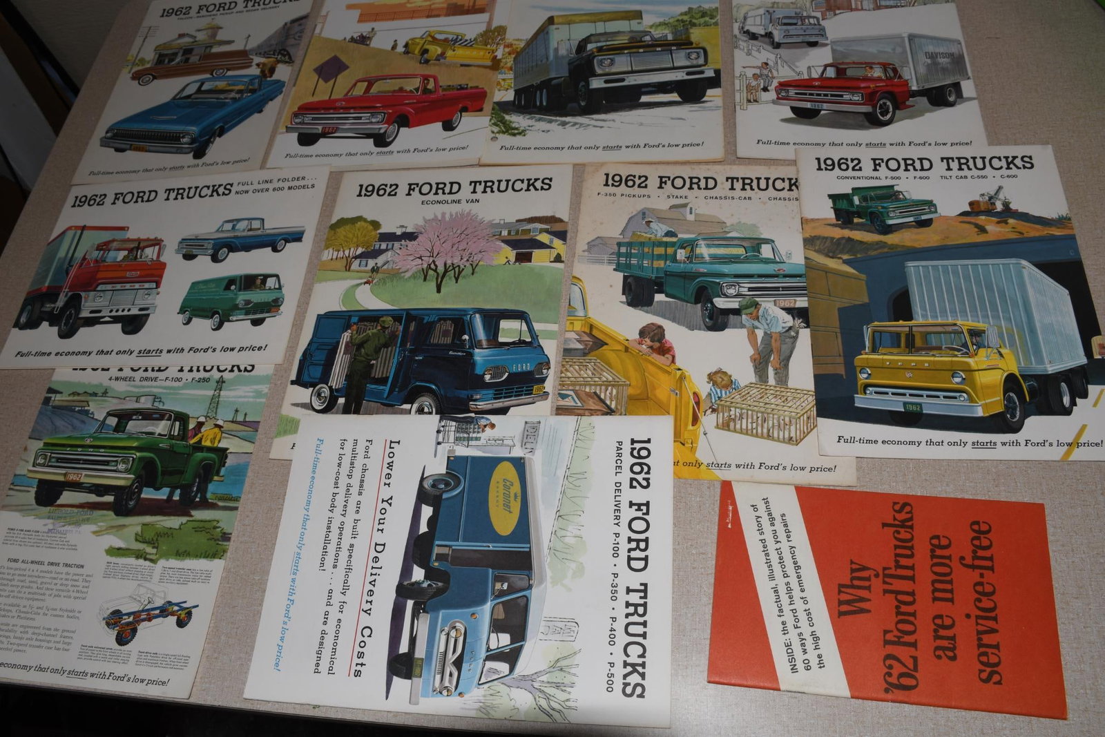 Lot of 13 Ford Brochures - 13 (1962): 11"x8" or less in size, all have light wear.