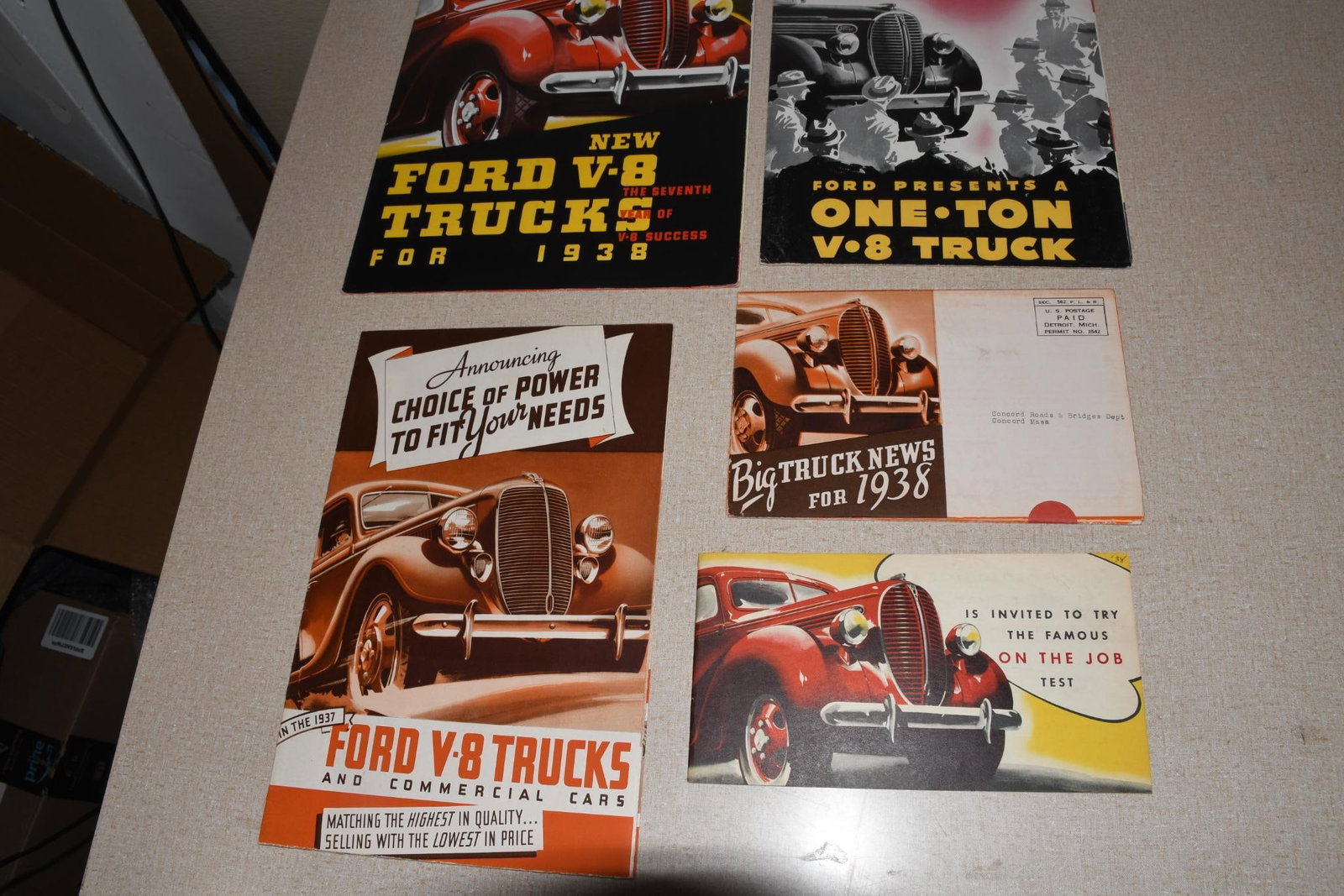 Lot of 5 Ford Brochures - 1 (1937) 4 (1938): 12"x10" or less in size, all have wear, largest has damage around the perimeter.