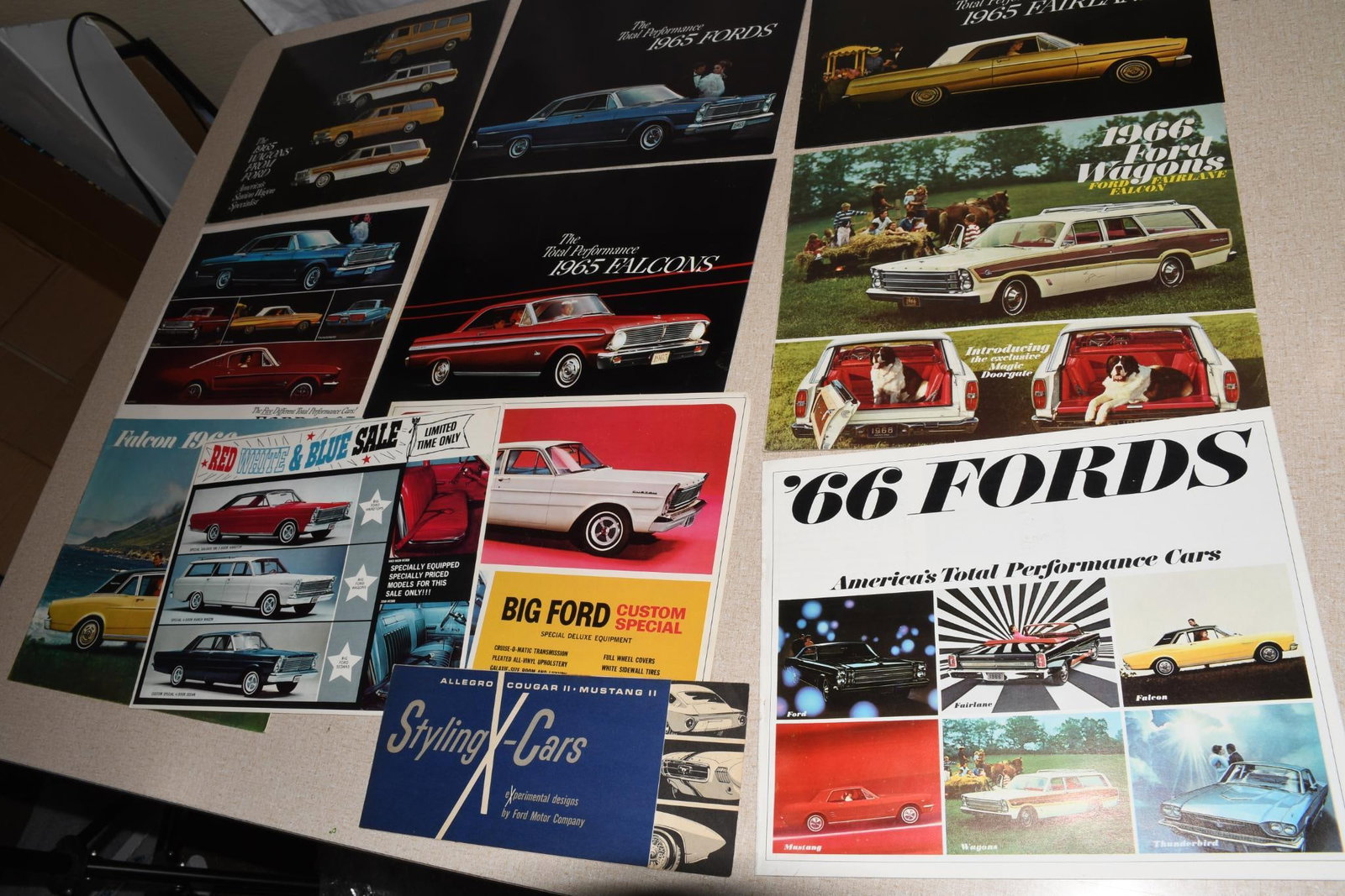 Lot of 11 Ford Brochures - 1 (1960-65) 7 (1965) 3 (1966): 9"x11.5" or less in size, all have light wear.