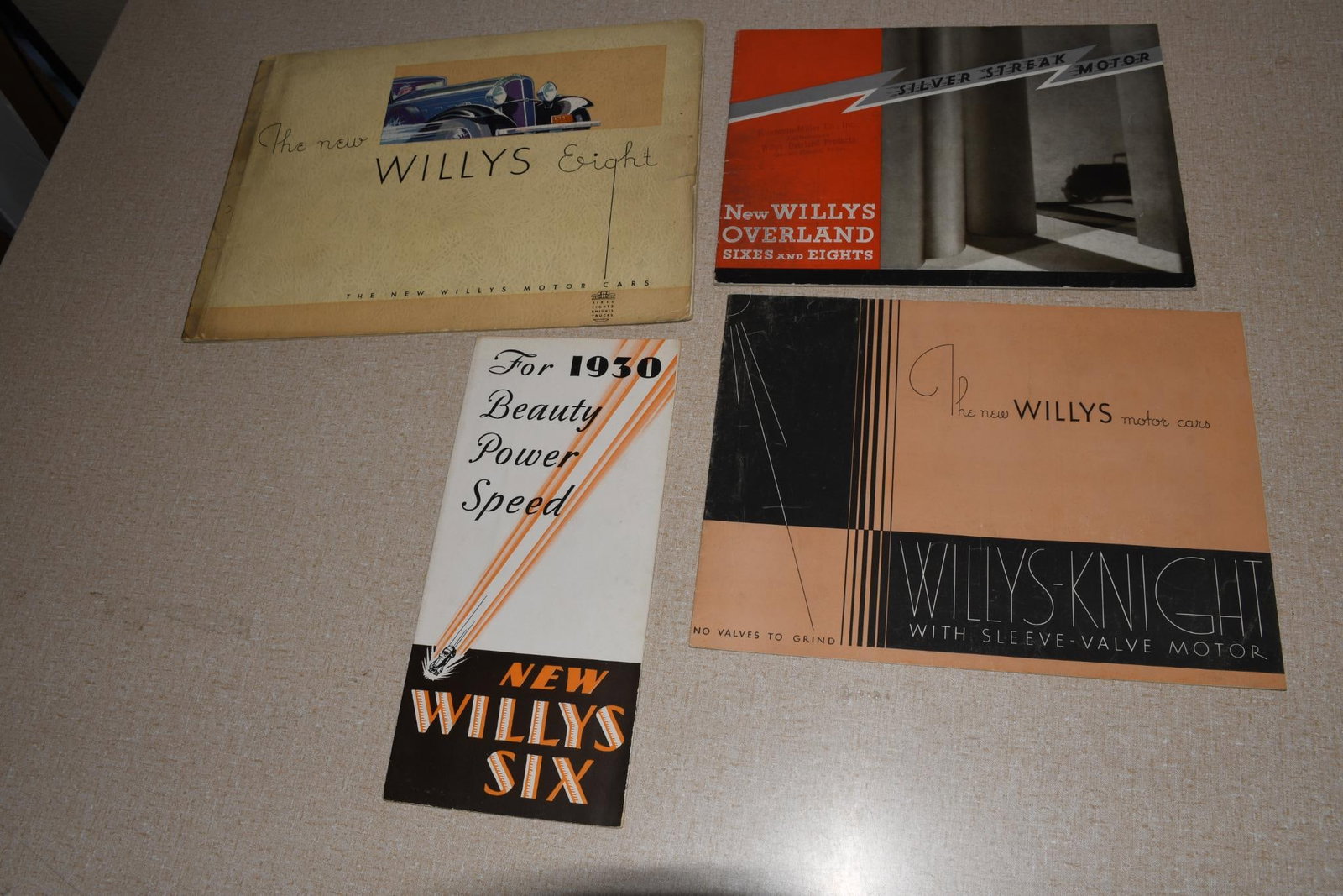 Lot of 4 Willy's Brochures - 1 (1930) 2 (1931) 1 (1932): 9"x12", all have light wear and soiling.