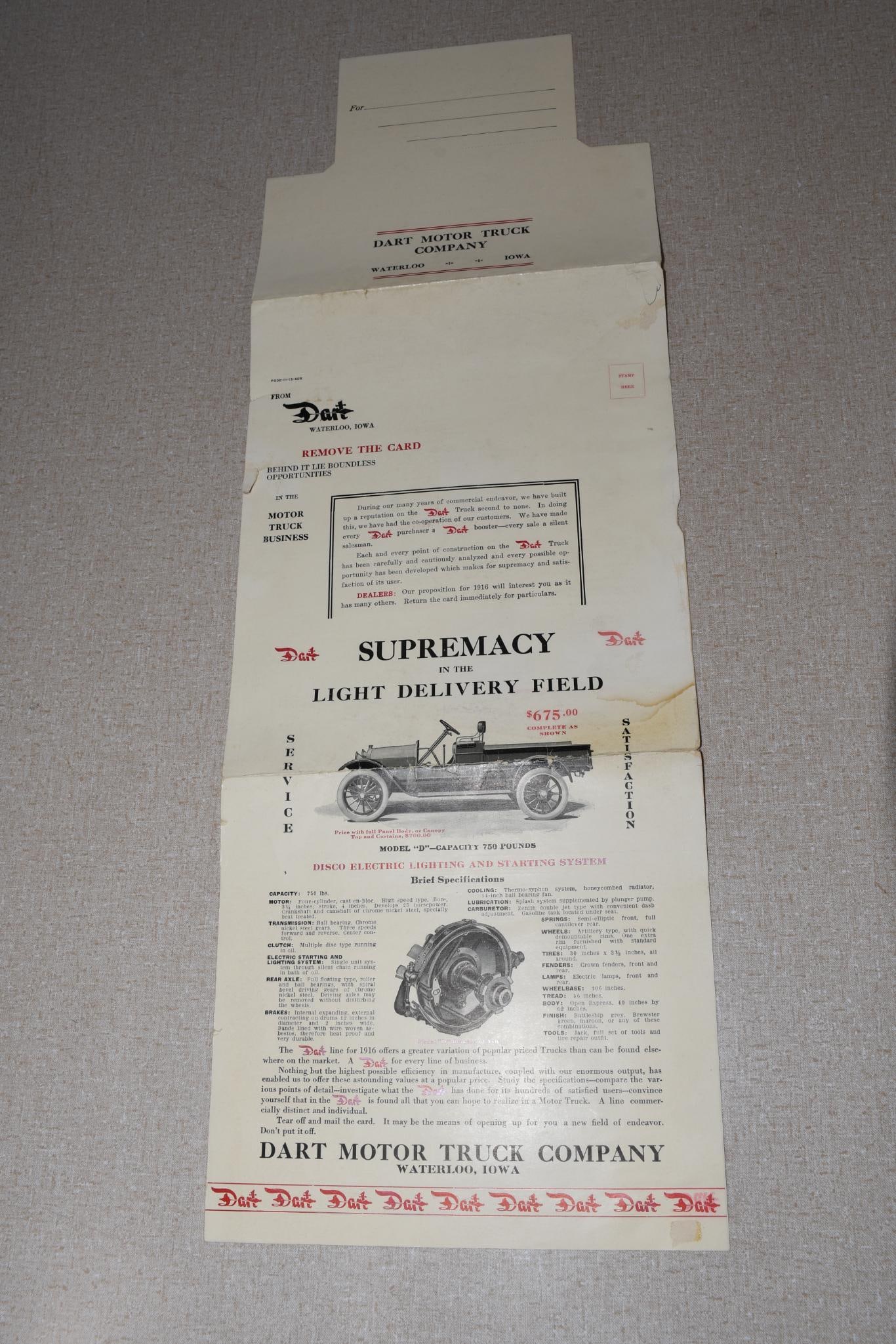 1910s Dart Motor Truck CO Supremacy D BB CC Specs Pricing Construction Mail Form: 25"x8.5" unfolded, has minor wear and soiling spots.