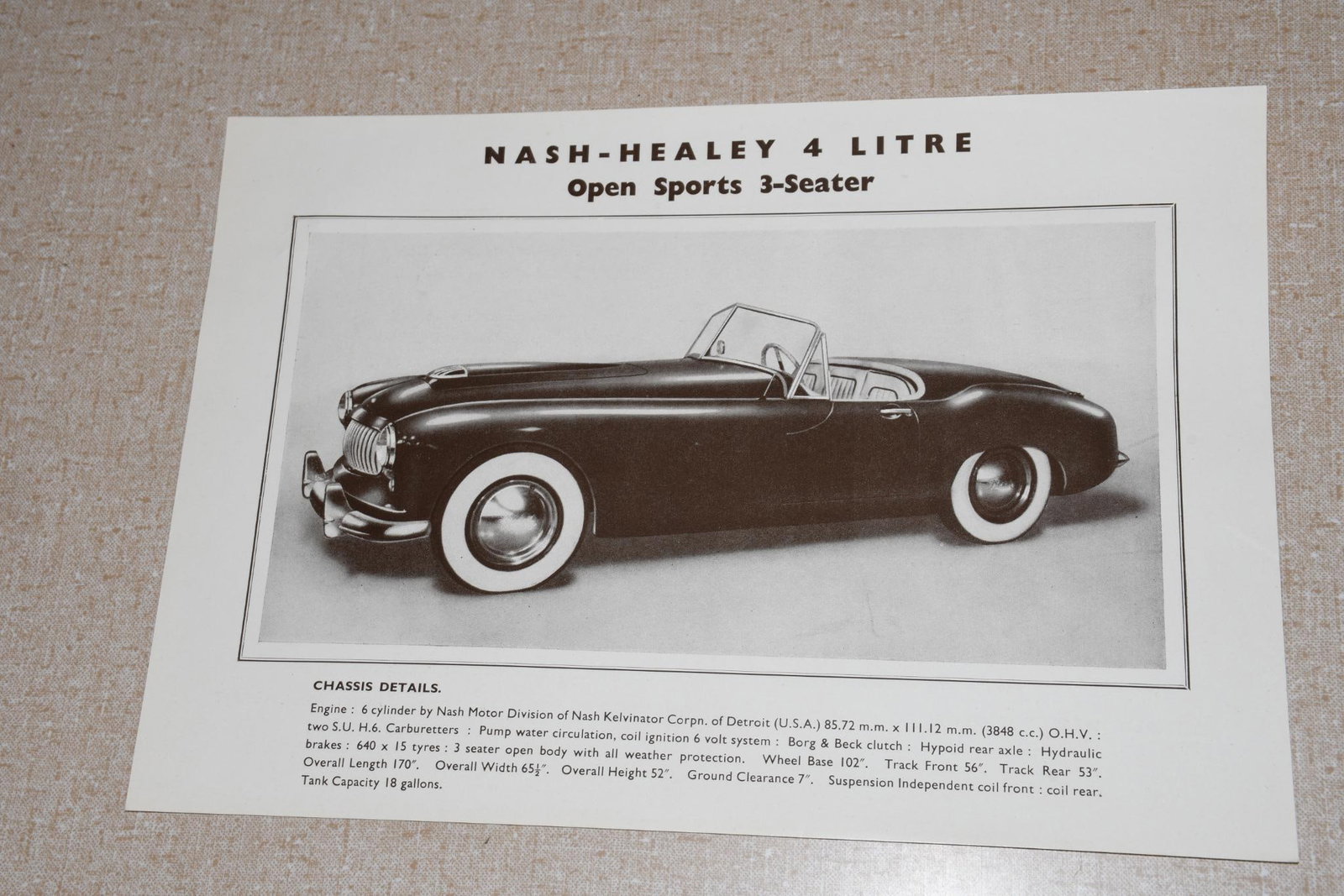 1954 Nash Healey Press Kit Media Release Sports Car Pinin Farini Designed Rare: 6.5"x9.5", the one page is in very good condition.