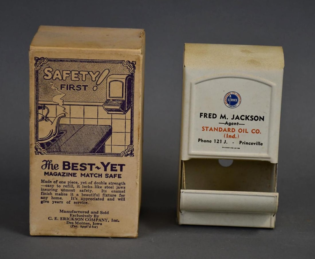 Wall Mounted Match Holder w/Standard Service Logo NIB (TAC): rated 9, 5.25"T. metal match holder is in very good condition, box has light dust staining. TAC #044930
