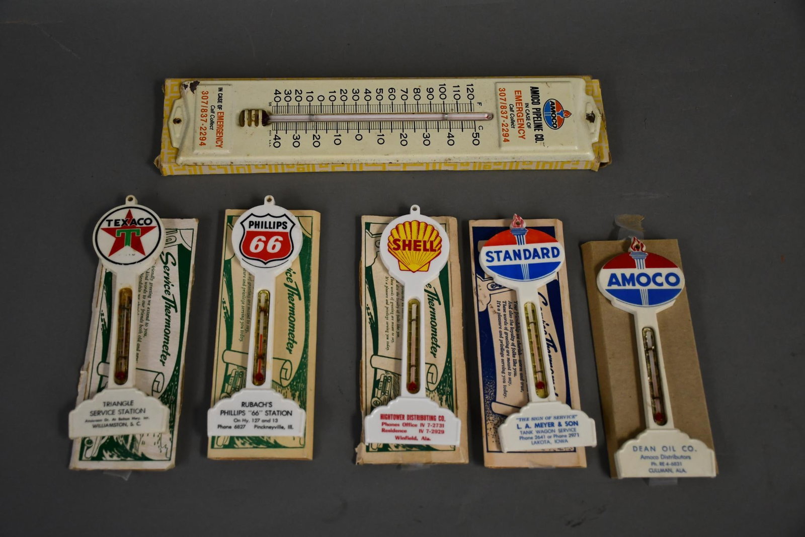 5-Plastic Pole Thermometers and More: rated 8 to 9, all in good condition, AMOCO, Standard, Phillips 66, Shell Shark Tooth, Texaco all have good tubes, a couple have foil damage and a Amoco Metal.