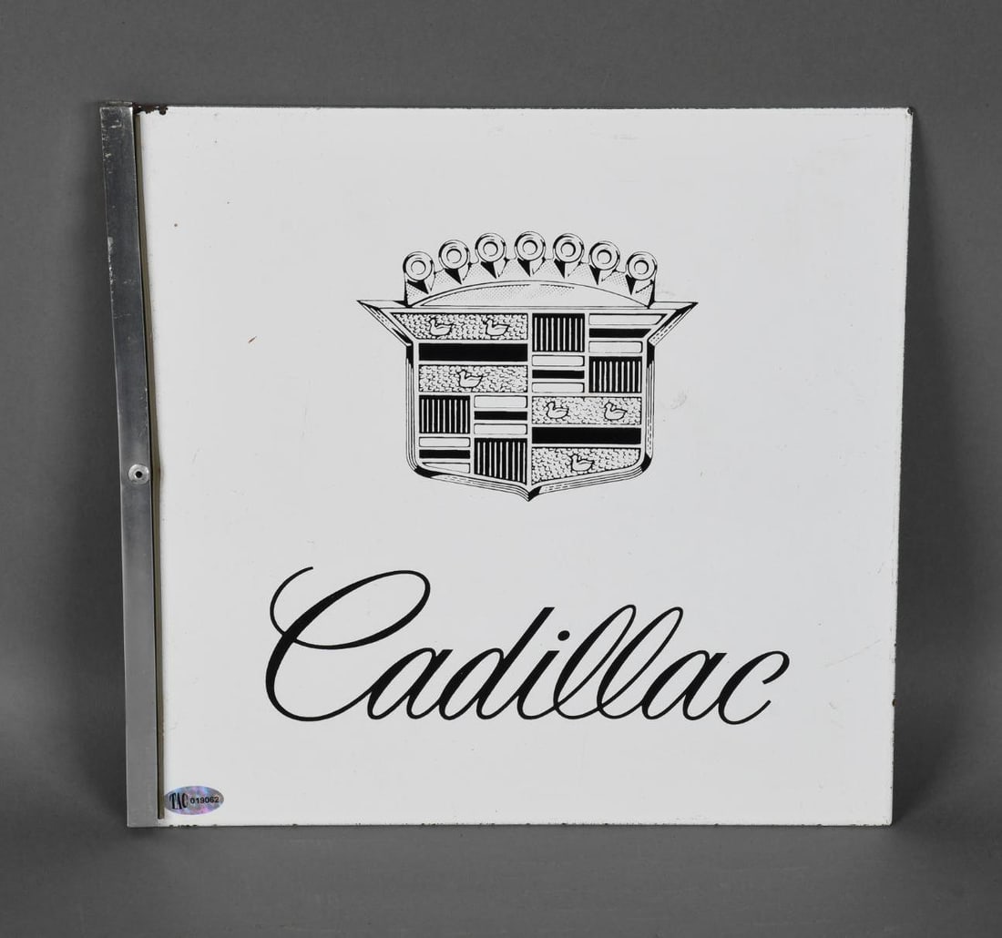 Cadillac w/Logo Porcelain Flange Sign (TAC): rated 9.25, 9"x9.25", the DSP sign has excellent color and gloss, tiny edge chip, comes with bracket. TAC #019062