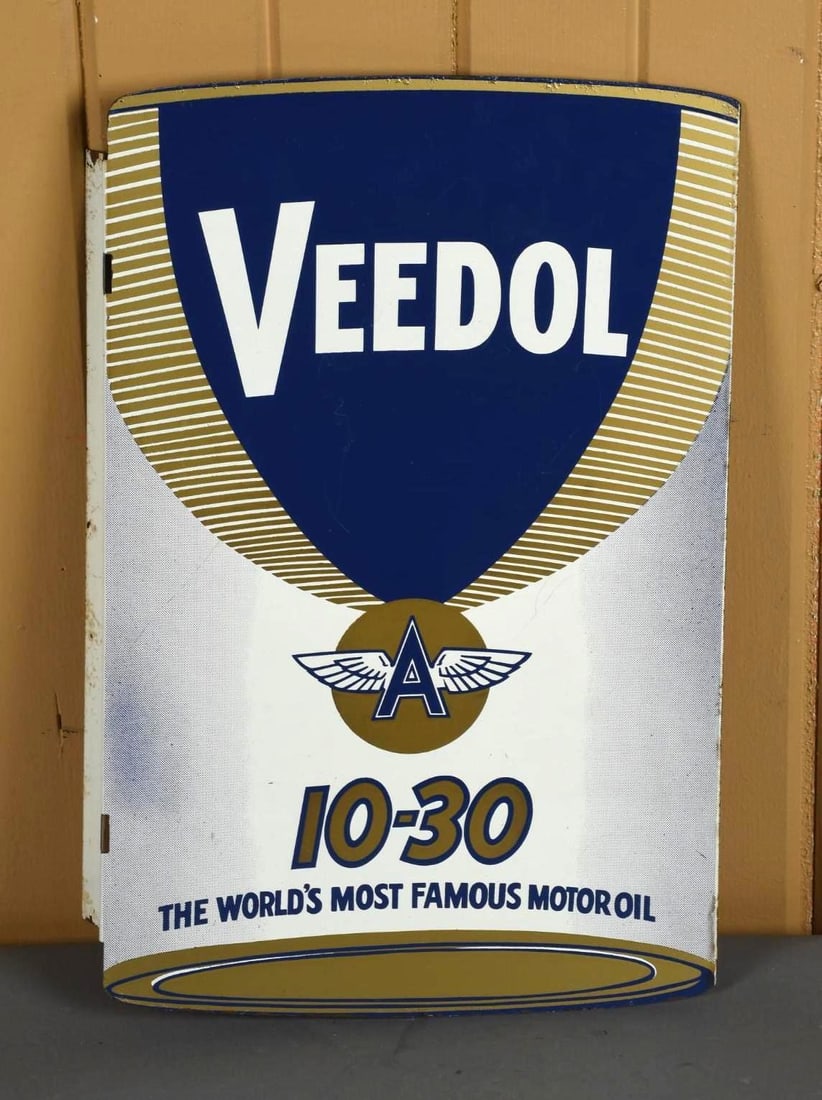 Flying A Veedol 10-30 Motor Oil Metal Flange Sign (TAC): rated 9, 18.5"x12", the metal flange sign has very good color and gloss, fields are clean, has light wear around the perimeter, paint chips and rust on the flange. TAC #044764