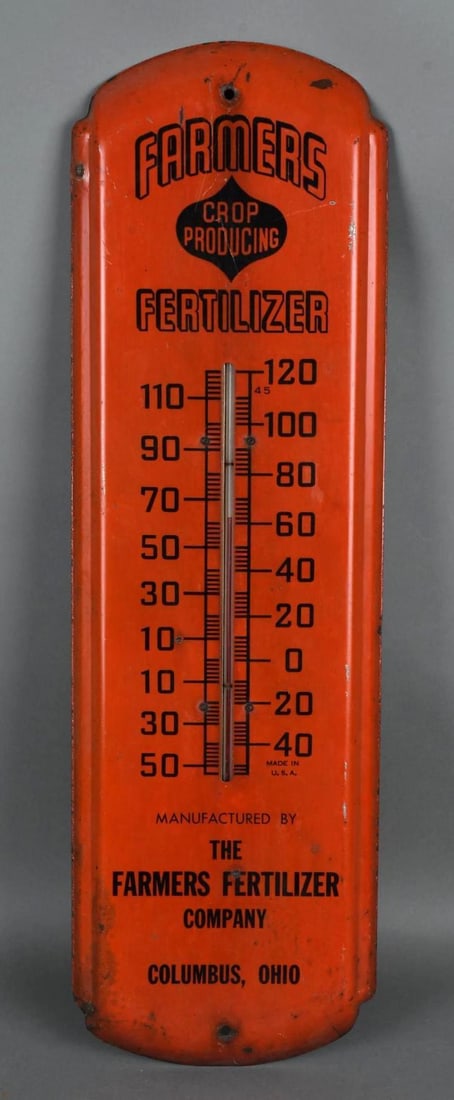 Farmers Crop Producing Fertilizer Metal Thermometer: rated 7.5, 27"x8.5", the metal thermometer has a good tube, wear and fine scratches.