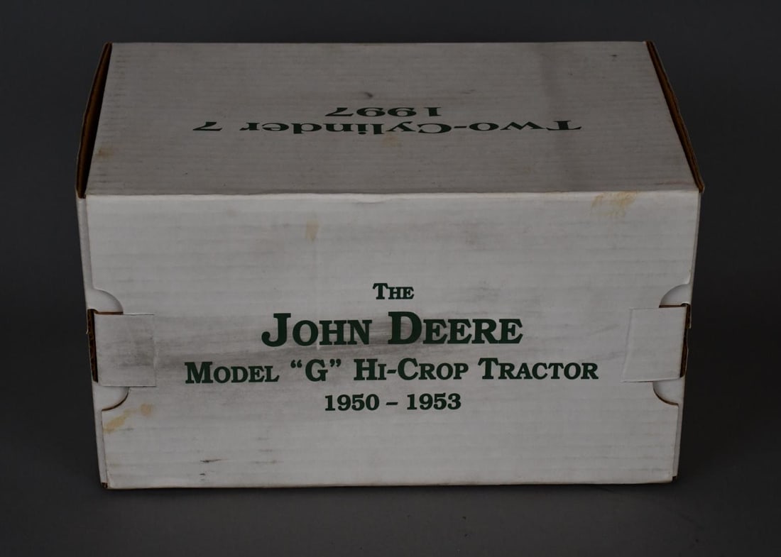 1997 John Deere G H.C. NIB by Ertl - Two Cylinder: 1/16 Scale, in the original box that shows some storage wear, toys is nice and has its inserts, this is from Expo #7