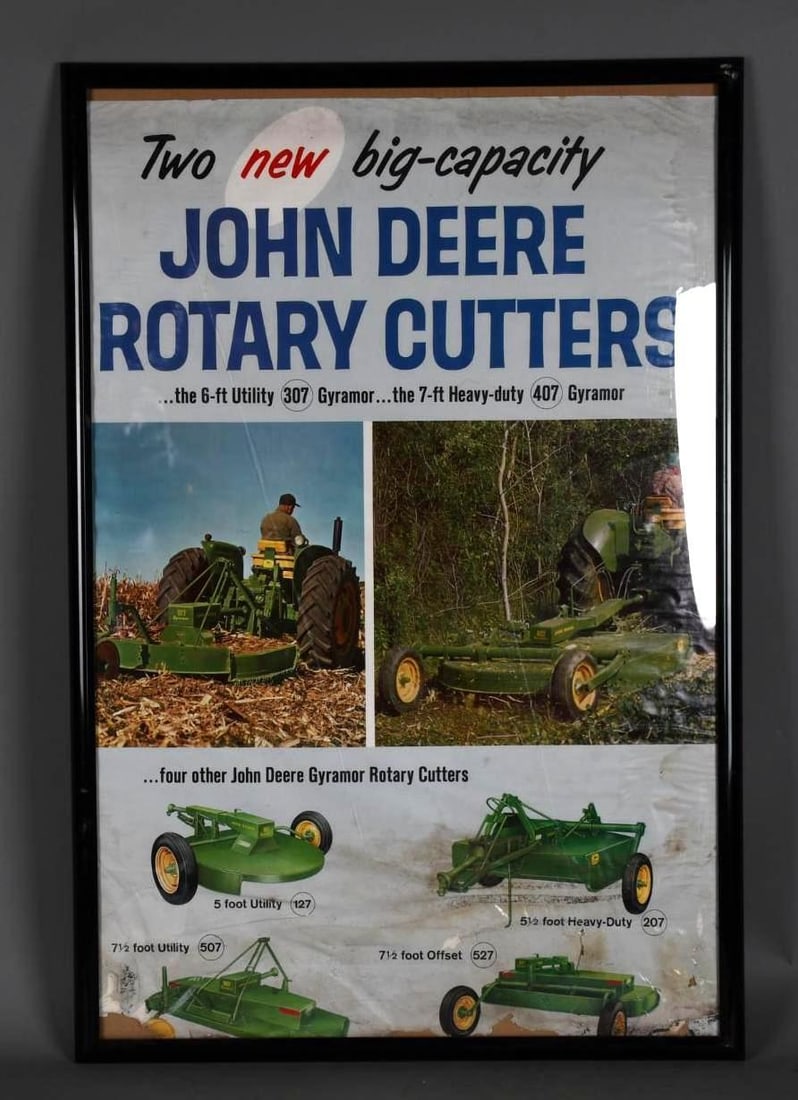 John Deere Rotary Mowers Framed Poster: 37" x 25" Framed, shows wear and damage, more so at the bottom of the poster, good color