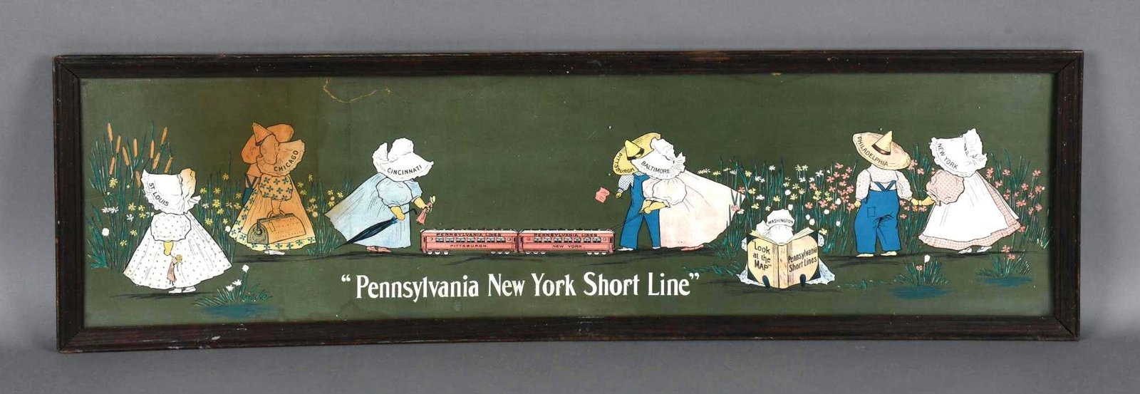 "Pennsylvania New York Short Line" w/Sunbonnet Babies Yard Long Print: rated 7, 12.5"x43.5", the paper yard long has good color, has small tear at top edge, some soiling, in oak frame under glass.
