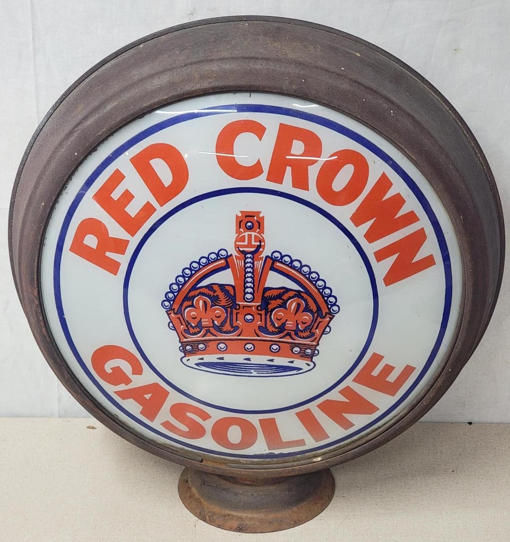 Red Crown Gasoline w/Logo 16.5" Globe Lenses: rated 8.5 & 8, both lenses have good color, field is nice, display has wear at the bottom point, reverse has wear along the edge from 1 o'clock to 6 o'clock see the photos, mounted in HP m