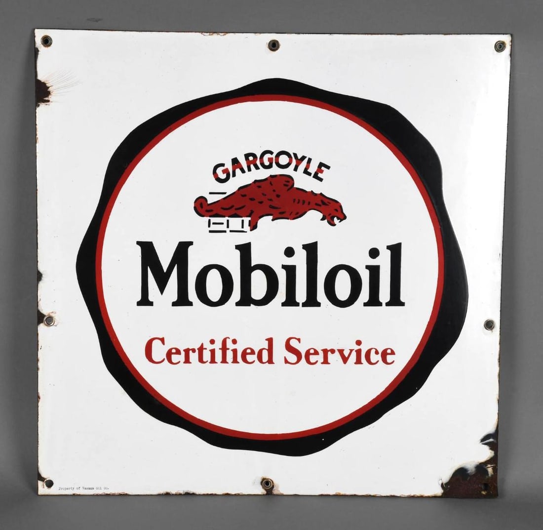 Gargoyle Mobiloil Certified Service w/Fried Egg Logo Porcelain Sign (TAC): rated 8.25, 19.5"x19.5", the SSP sign has good color and gloss, chips around the perimeter, marked Property of Vacuum Oil Co. TAC #045218