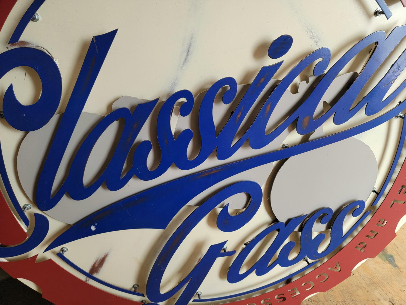 Classic Gass Vintage Cycles Apparel & Accessories LED Lighted Metal Sign (Modern): rated 8.75, 48"x52", the three dimensional LED lighted metal sign has some wear, this a newer or modern sign.