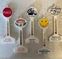 5-Plastic Pole Thermometers including Coca-Cola: rated 9, all in good condition.