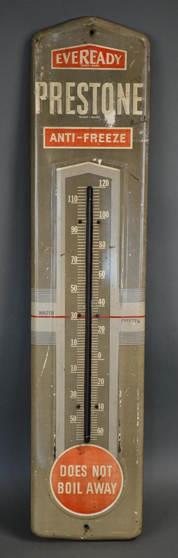 Eveready Prestone Anti-Freeze Metal Thermometer: rated 7, 36"x8", the metal thermometer has wear and fines scratches, tube is good.