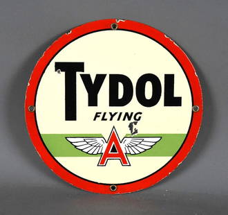 Tydol Flying A Porcelain Pump Sign (TAC): rated 8.25, 9.75"D., the SSP sign has good color and gloss, has a few small chips in the field. TAC #046057