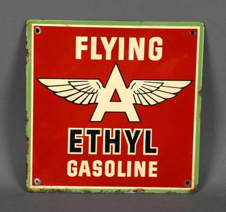 Flying Ethyl Gasoline Porcelain Pump Sign (TAC): rated 8.9, 10"x10", the SSP sign has very good color and gloss, field is clean, has chips around the perimeter. TAC #046032
