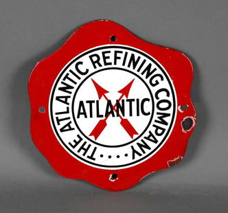 Atlantic Refining Co. Porcelain Pump Sign (TAC): rated 8.5, 9.25"D., the SSP diecut sign has good color and gloss, has chips in the outer field. TAC #046028