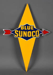 Blue Sunoco Porcelain Pump Sign (TAC): rated 8.5, 19"x13", the SSP diecut sign has good color and gloss, has touched up chip at bottom point, tiny chips around the perimeter. TAC #046016