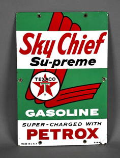Texaco (white-T) Sky Chief w/Petrox (medium) Porcelain Pump Sign (TAC): rated 8.9, 15"x10", the SSP sign has very good color and gloss, bottom right corner has been bent, dated 1960. TAC #046044