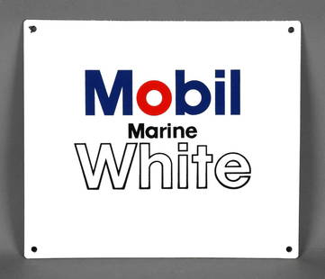Mobil Marine White Porcelain Pump Sign (TAC): rate 9.5, 12" x 14", Single Sided Porcelain Pump Plate, has excellent color and gloss, is mint, TAC #046361