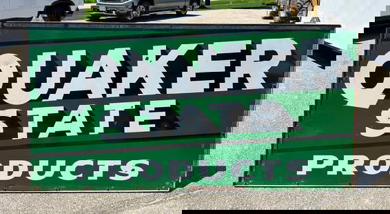 Large Quaker State Motor Oil Porcelain SIgn: rated 8.5 & 8, 48"x96", the DSP sign has good color and gloss, display has chips, reverse has scratches, mounted in original metal frame.