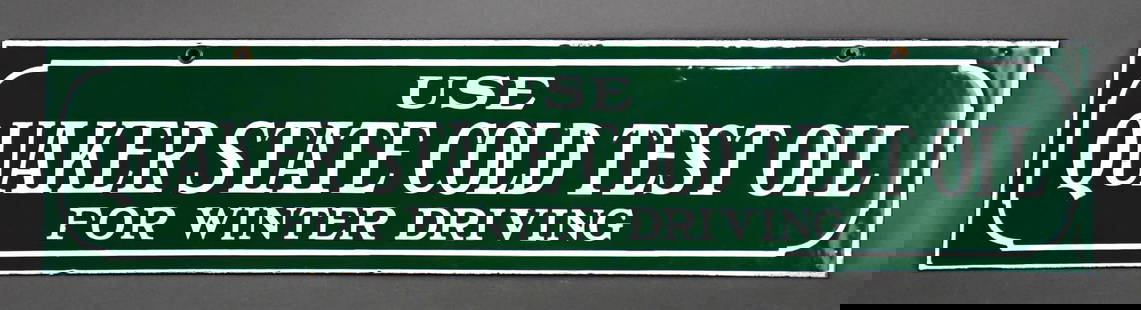 Use Quaker State Cold Test Oil for Winter Driving Porcelain Sign (TAC): rated 9+, 6"x26.5", the DSP sign has excellent color and gloss, fields are clean, has a few tiny chips around the perimeter. TAC #030716