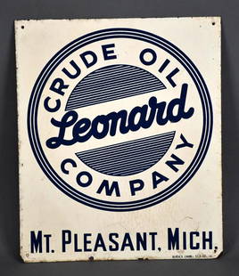 Leonard Crude Oil Company Metal Sign (TAC): rated 8.25, 12"x10", the SST sign has good color, minor roughness, this is one of the better example that I have seen, marked Burdick Enamel. TAC #046224
