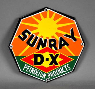 "Stellar" Sunray D-X Petroleum Products Porcelain Fence Sign (TAC): rated 9.25, 9"x9", the SSP diecut sign has excellent color and gloss, tiny chips at one mounting hole. TAC #042396