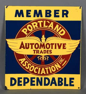 Member Portland Automotive Trades Asso. w/Logo Porcelain Sign (TAC): rated 9, 19"x17", the DSP sign has excellent color and gloss, fields are clean, chips a one corner. TAC #019307