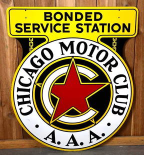 Chicago Motor Club A.A.A. Bonded Service Station Porcelain Sign (TAC): rated 9.5, 43.75"x36", the DSP diecut sign has excellent color and gloss, nice. TAC #046278