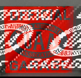 UAA United Automobile Assoc. Official Garage Porcelain Flange Sign (TAC): rated 9, 12"x12", the porcelain flange sign has excellent color and gloss, fields are good, chips on the flange. TAC #046213
