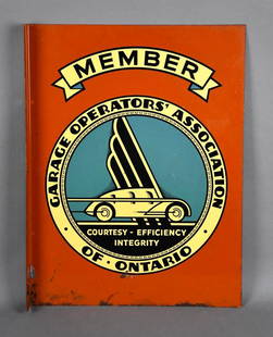 Garage Operator's Association w/ Car Metal Flange Sign (TAC): rate 8.25, 22" x 16.5", Double Sided Painted Metal Flange Sign, has good color and shine, reverse shows more wear, very neat sign, TAC #046315