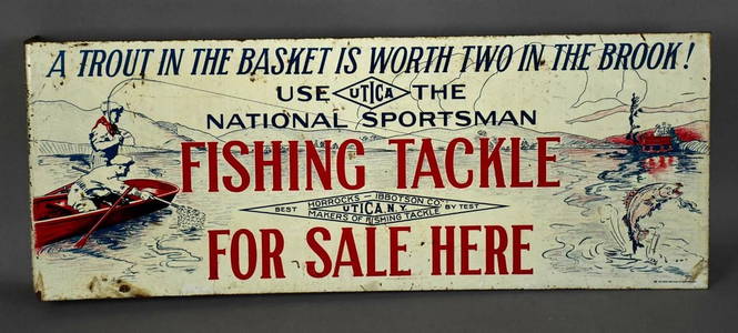 Rare Utica National Sportsman Fishing Tackle Metal Flange Sign (TAC)