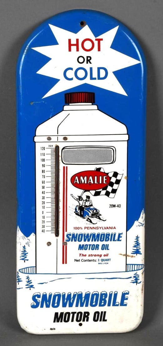 Amalie Snowmobile Motor Oil Metal Thermometer (TAC): rated 8.25, 16"x6.25", the metal thermometer has good color and shine, has wear and fine scratches, tube is good. TAC #047491
