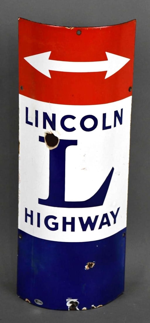 Lincoln Highway "L" w/Arrow Porcelain Curved Post Sign (TAC) (1 of 5)