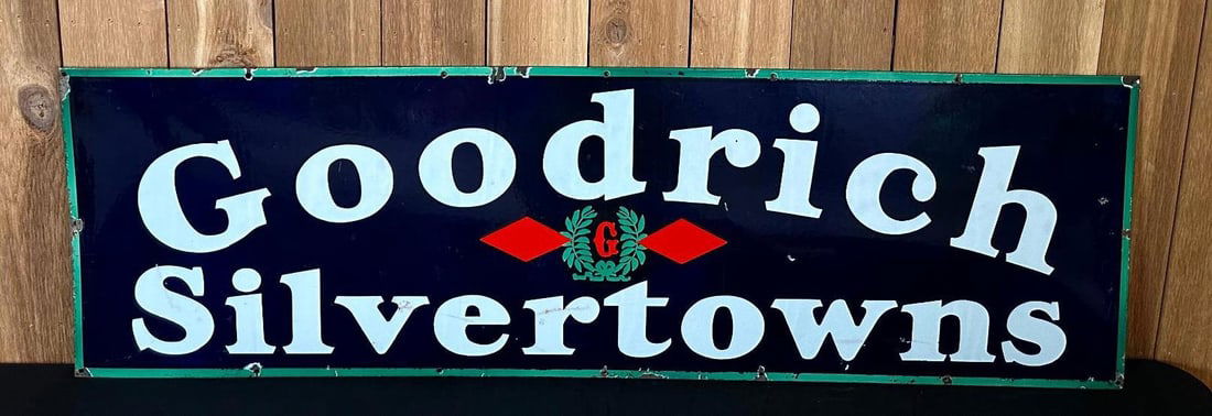 Goodrich Silvertowns Porcelain Sign (TAC): rated 8.5, 18"x58", the SSP sign has good color and gloss, has small chips and few stress lines. Nice Example, TAC #046141
